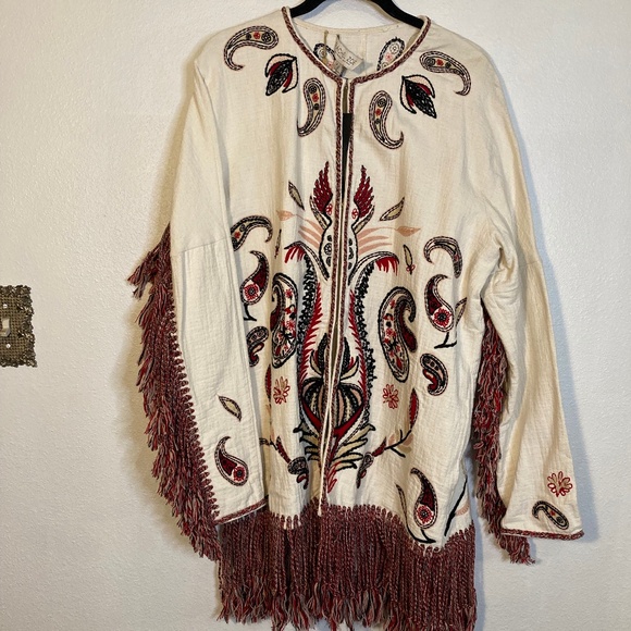 NWT Rachel Zoe Cotton Linen Boho Embroidered Paisley Fringe Duster Coverup